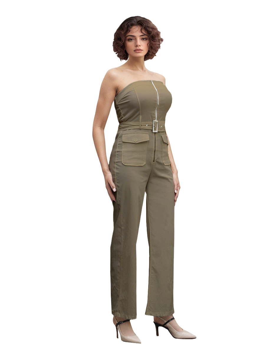 Foto 2 pulgar | Jumpsuit Casual Tipo Cargo De Gabardina Strapless