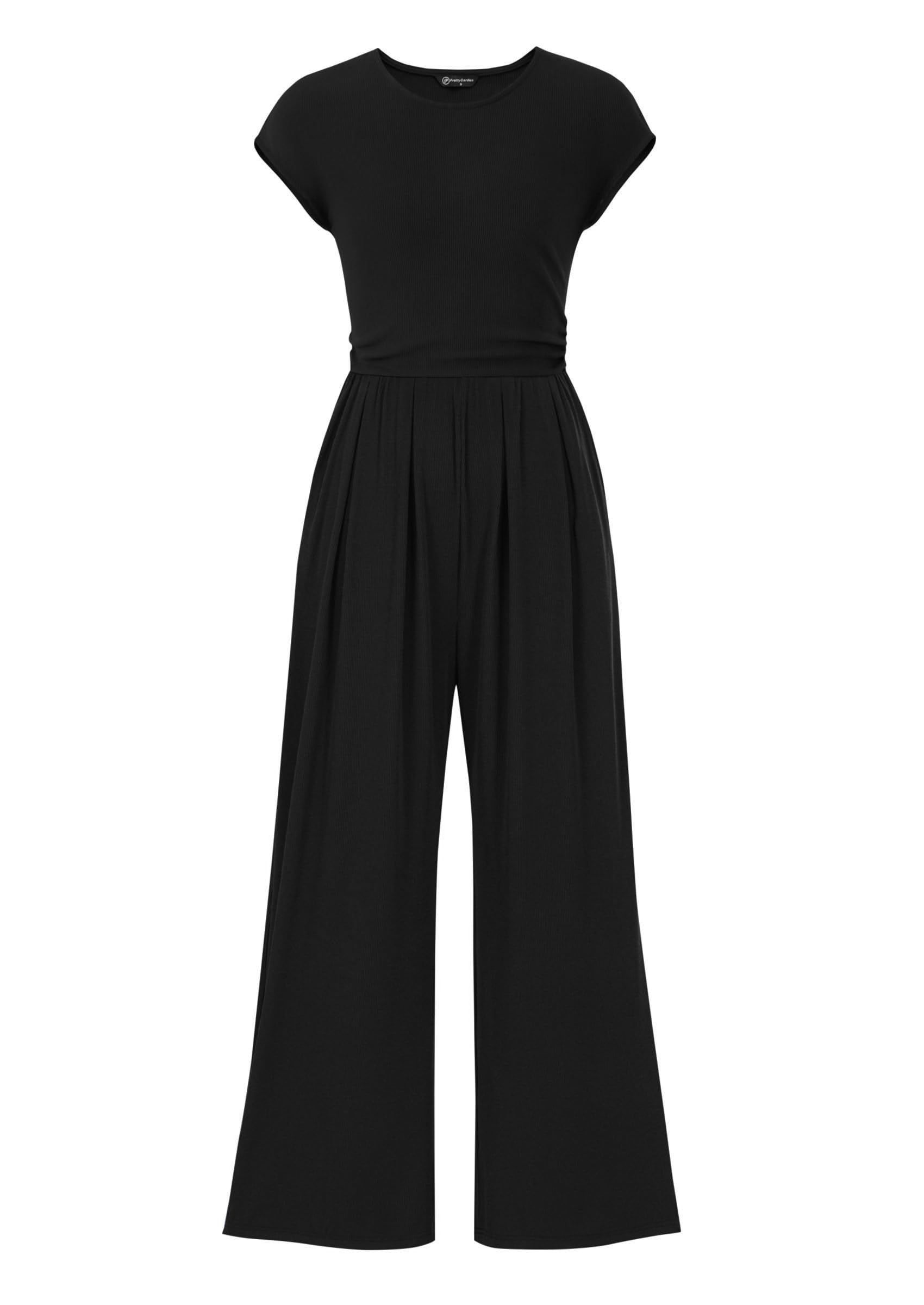 Mono Prettygarden Para Verano, Acanalado, Manga Corta, Pernera Ancha, Negro - Venta Internacional.
