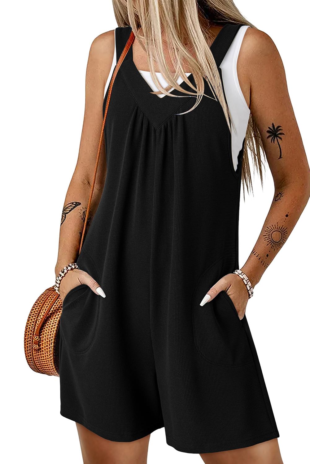 Rompers Dokotoo Summer Waffle, Tejido Gofrado, Sin Mangas, Cuello En V, Negro - Venta Internacional.