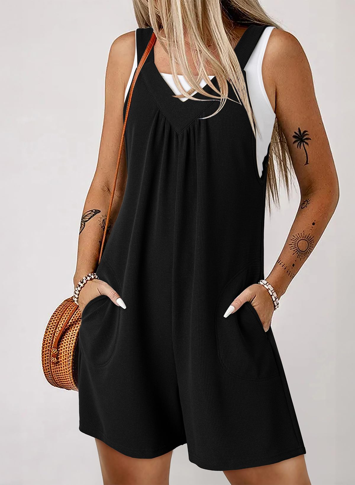 Foto 3 pulgar | Rompers Dokotoo Summer Waffle, Tejido Gofrado, Sin Mangas, Cuello En V, Negro - Venta Internacional.