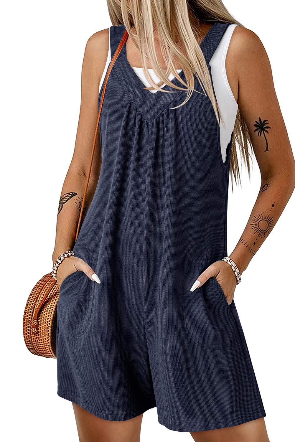 Foto 2 pulgar | Romper Dokotoo Summer Waffle, Tejido Gofrado, Sin Mangas, Cuello En V, Azul Marino - Venta Internacional.