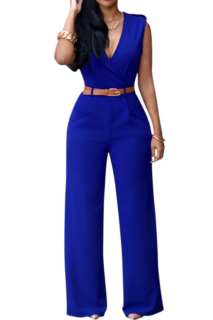 Mono Rosa Con Cuello En V Y Cinturón Holgado, Azul Cielo - Venta Internacional.