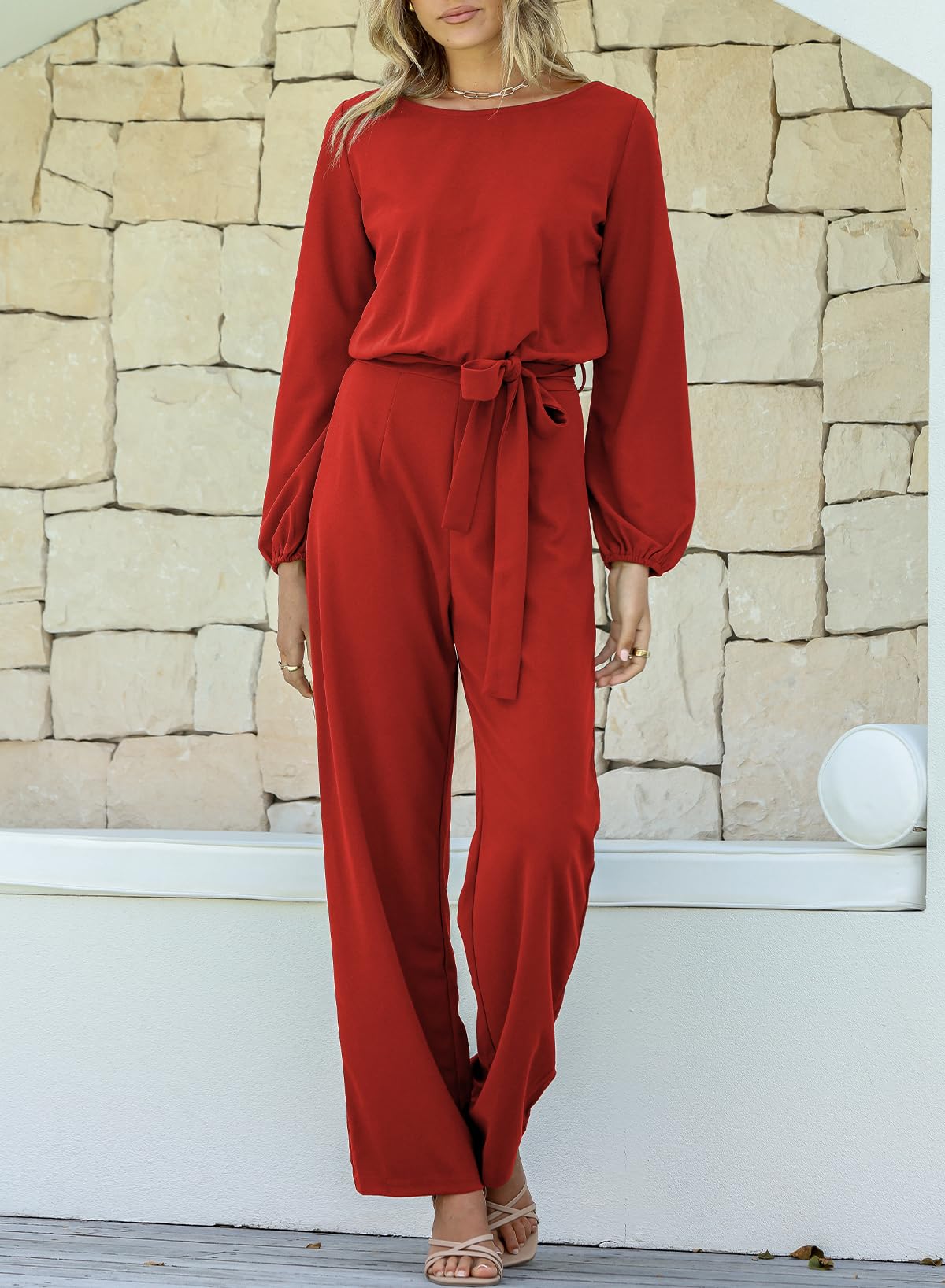 Foto 4 pulgar | Mono Happy Sailed Para Mujer, Casual, Holgado, Rojo Con Cinturón, Talla Grande - Venta Internacional.