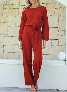 Foto 3 | Mono Happy Sailed Para Mujer, Casual, Holgado, Rojo Con Cinturón, Talla Grande - Venta Internacional.