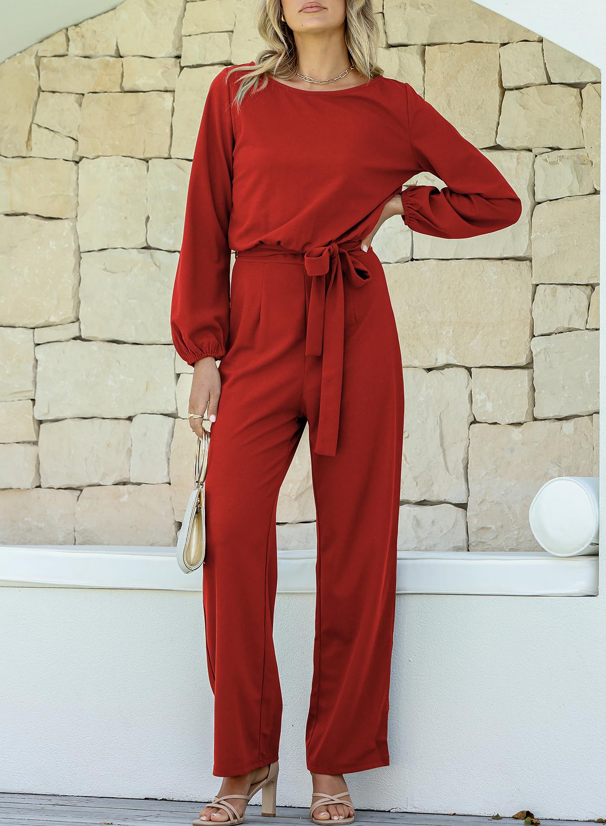 Foto 6 pulgar | Mono Happy Sailed Para Mujer, Casual, Holgado, Rojo Con Cinturón, Talla Grande - Venta Internacional.