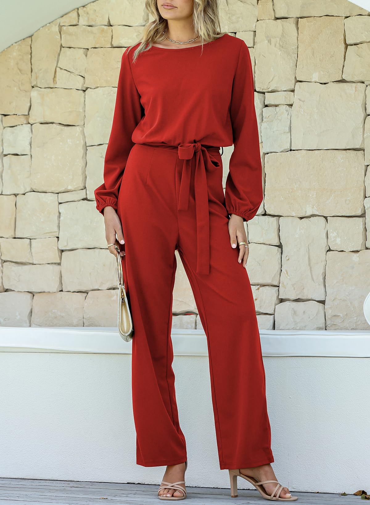 Foto 7 pulgar | Mono Happy Sailed Para Mujer, Casual, Holgado, Rojo Con Cinturón, Talla Grande - Venta Internacional.