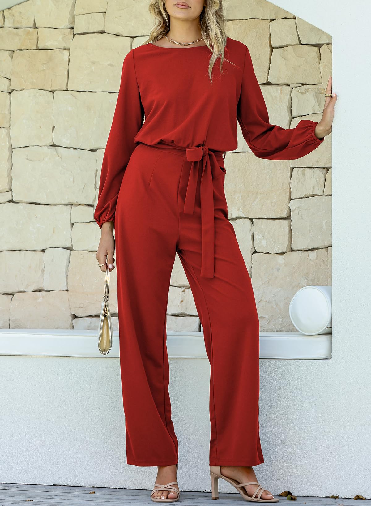Foto 8 pulgar | Mono Happy Sailed Para Mujer, Casual, Holgado, Rojo Con Cinturón, Talla Grande - Venta Internacional.