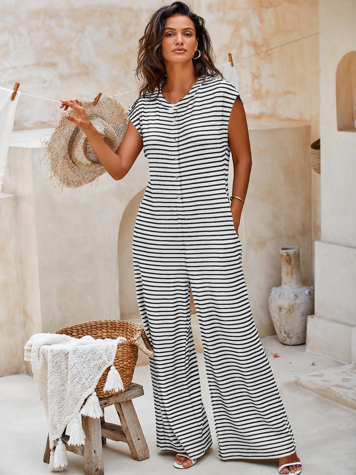 Foto 4 pulgar | Mono Cicy Bell Para Mujer, Casual, A Rayas, De Pierna Ancha Para Verano - Venta Internacional.