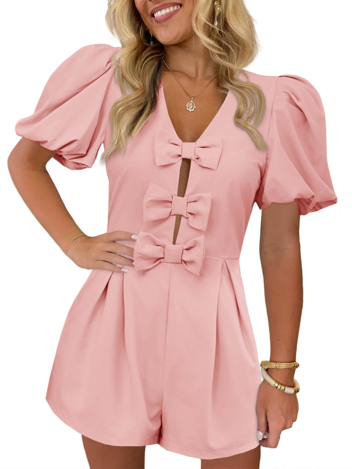 Romper Cicy Bell Para Mujer, Bonito Lazo En La Parte Delantera, Cuello En V, Manga Abullonada - Venta Internacional.