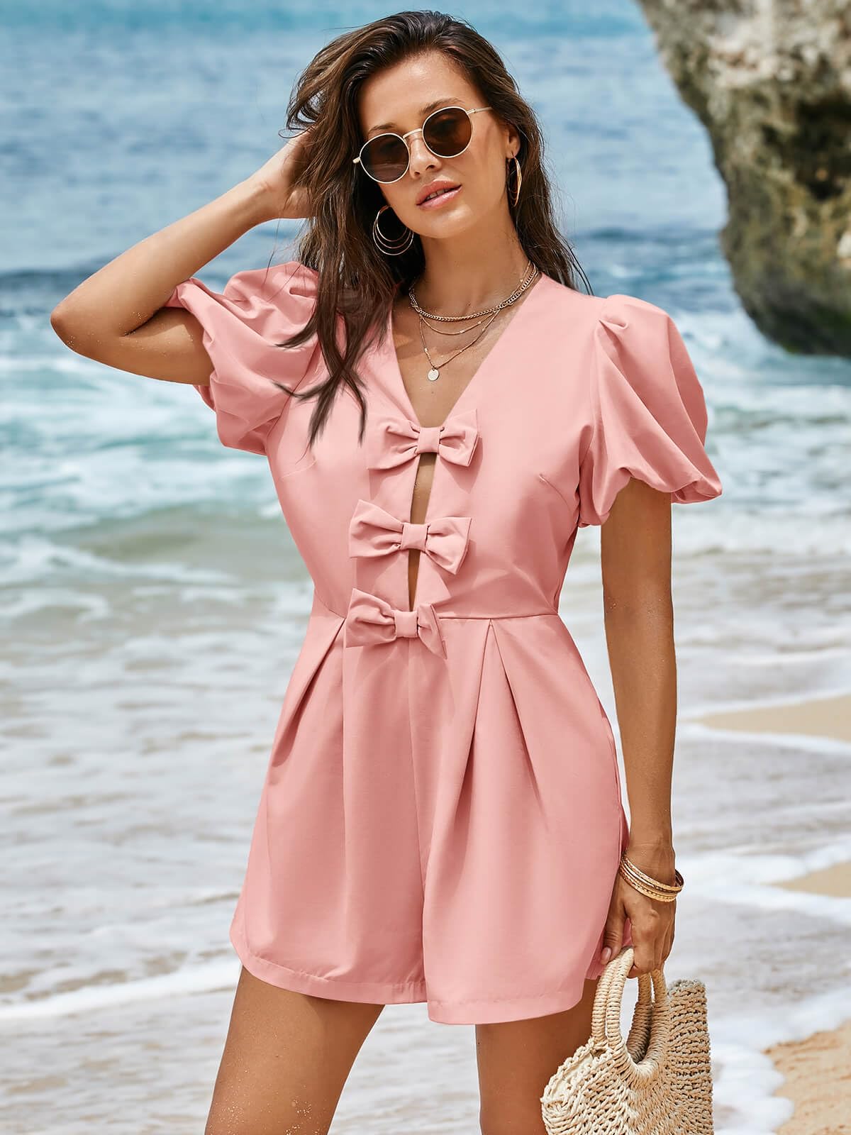 Foto 4 pulgar | Romper Cicy Bell Para Mujer, Bonito Lazo En La Parte Delantera, Cuello En V, Manga Abullonada - Venta Internacional.