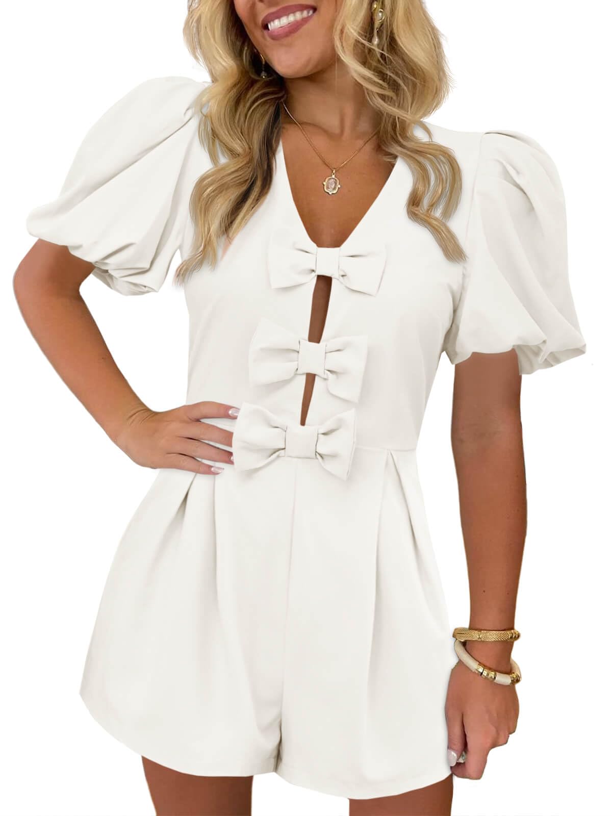 Foto 2 pulgar | Romper Cicy Bell Para Mujer, Bonito Lazo En La Parte Delantera, Cuello En V, Manga Abullonada - Venta Internacional.