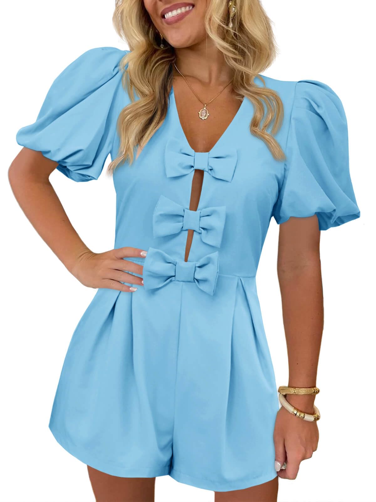 Foto 2 pulgar | Romper Cicy Bell Para Mujer, Bonito Lazo En La Parte Delantera, Cuello En V, Manga Abullonada - Venta Internacional.