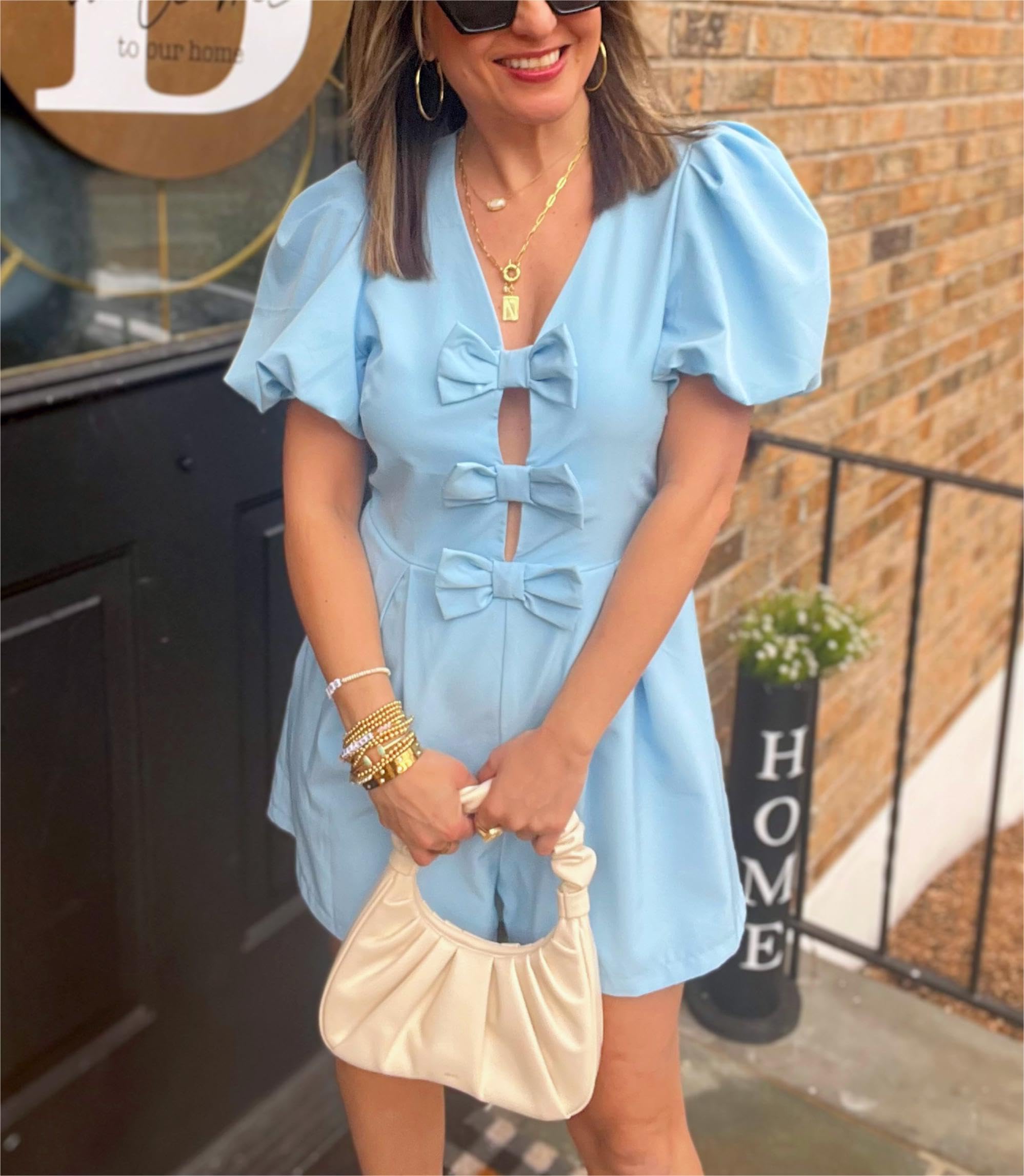 Foto 6 | Romper Cicy Bell Para Mujer, Bonito Lazo En La Parte Delantera, Cuello En V, Manga Abullonada - Venta Internacional.