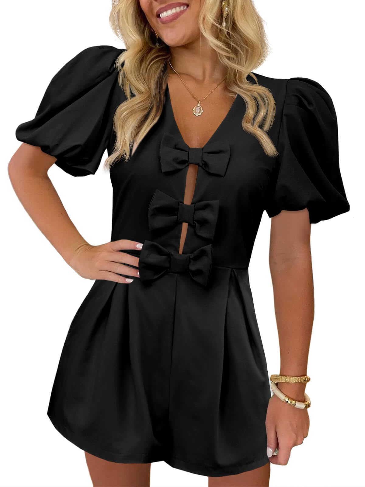Romper Cicy Bell Para Mujer, Bonito Lazo En La Parte Delantera, Cuello En V, Manga Abullonada - Venta Internacional.