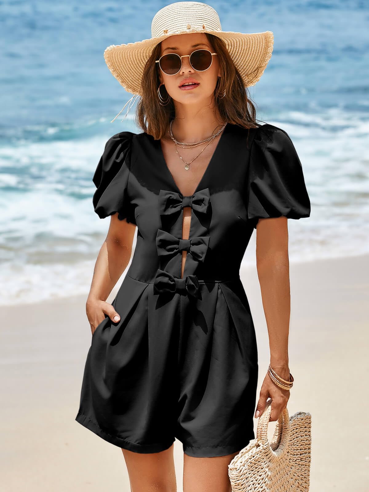 Foto 6 pulgar | Romper Cicy Bell Para Mujer, Bonito Lazo En La Parte Delantera, Cuello En V, Manga Abullonada - Venta Internacional.