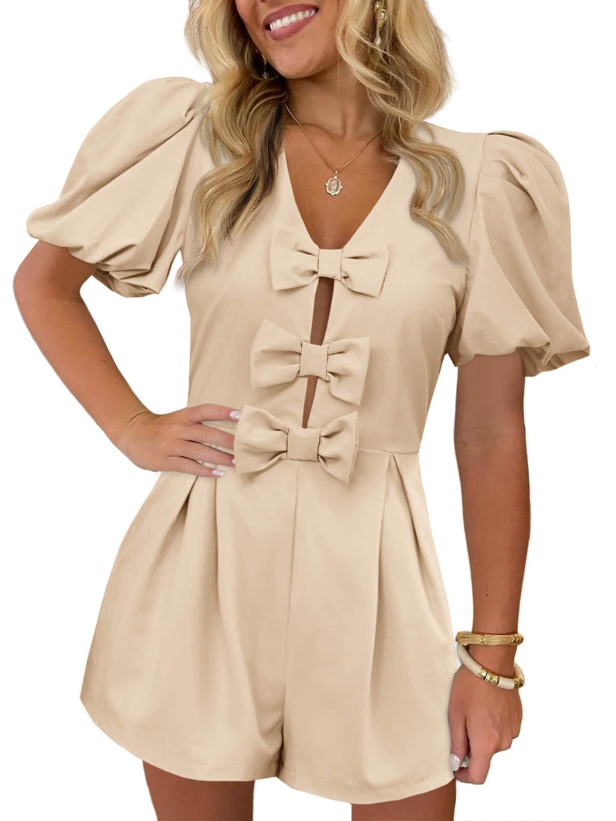Foto 2 pulgar | Romper Cicy Bell Para Mujer, Bonito Lazo En La Parte Delantera, Cuello En V, Manga Abullonada - Venta Internacional.