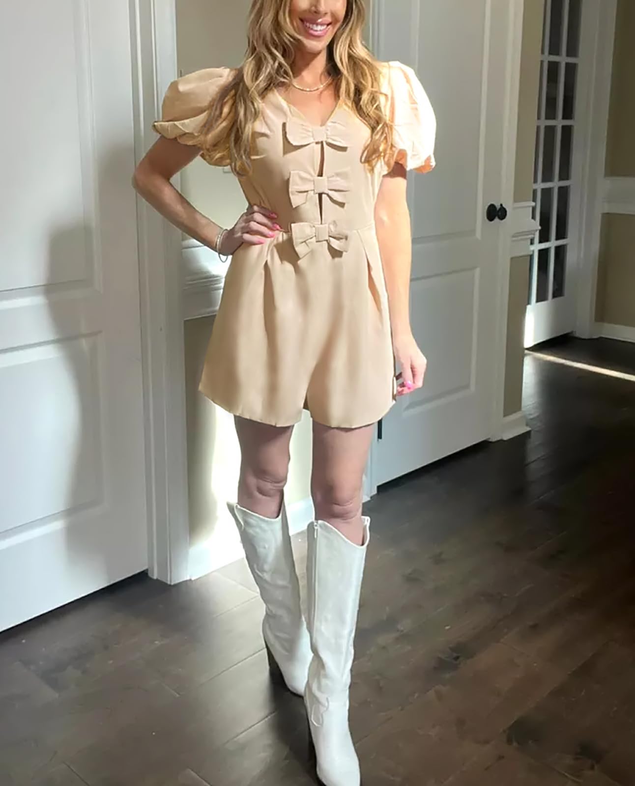 Foto 6 | Romper Cicy Bell Para Mujer, Bonito Lazo En La Parte Delantera, Cuello En V, Manga Abullonada - Venta Internacional.