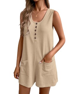 Foto 1 | Mono Corto Tipo Gofre Para Mujer Romper Ekouaer, Color Marrón Claro, Talla S - Venta Internacional.