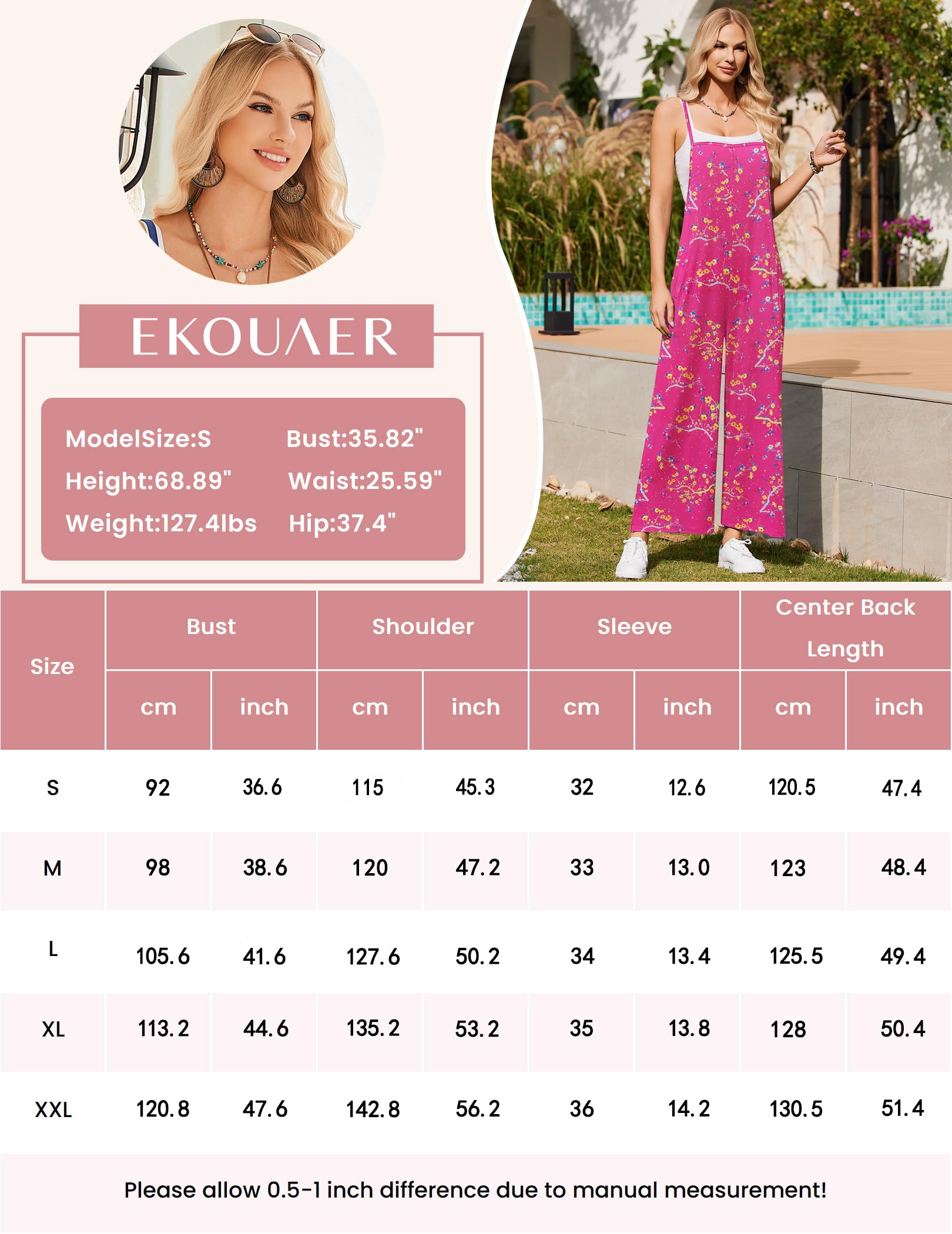 Foto 7 pulgar | Mono Ekouaer Para Mujer, Estilo Bohemio, Pierna Ancha, Estampado Floral, Talla S - Venta Internacional.