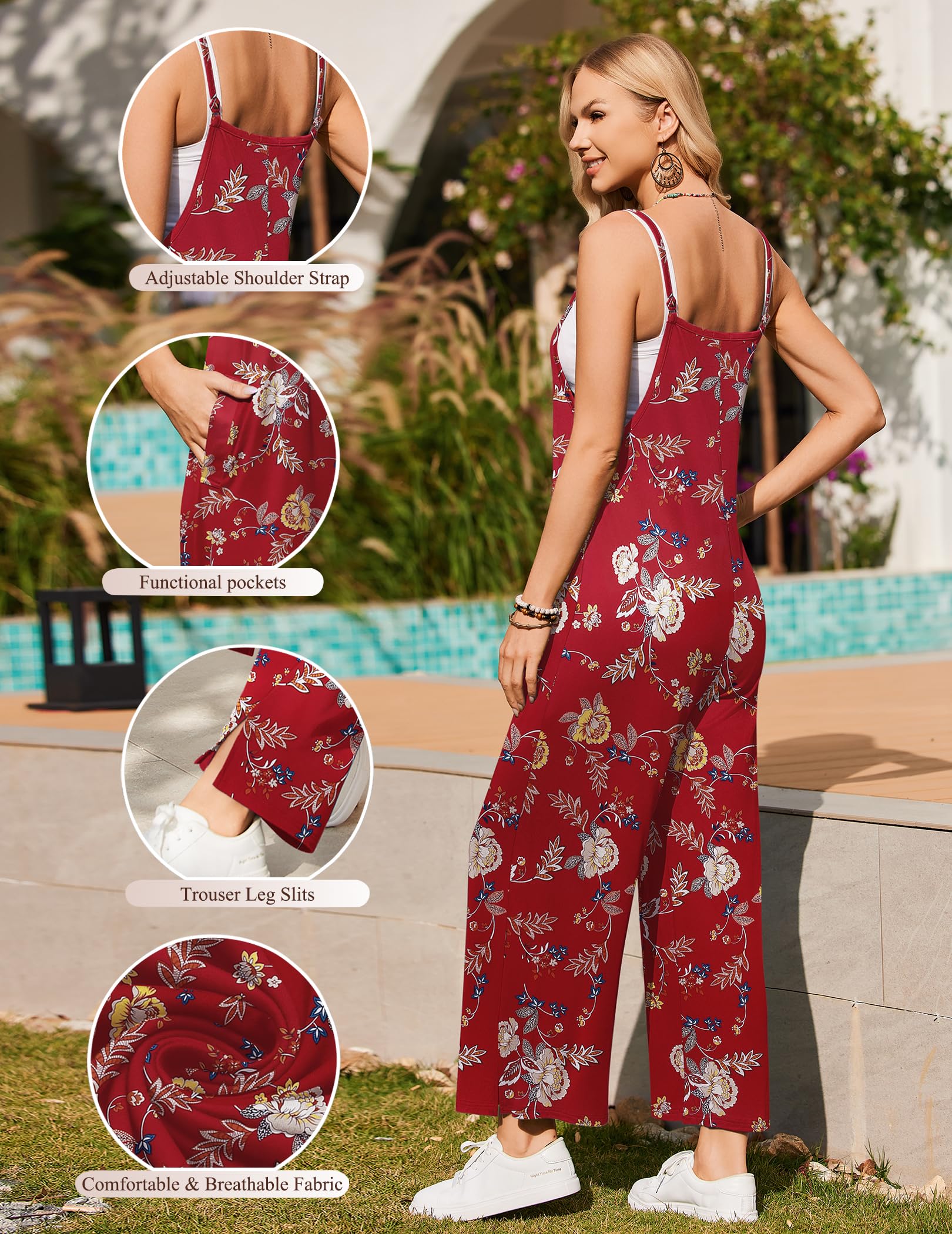 Foto 3 pulgar | Mono Ekouaer Para Mujer, Estilo Bohemio, Pierna Ancha, Estampado Floral, Talla S, Color Rojo - Venta Internacional.