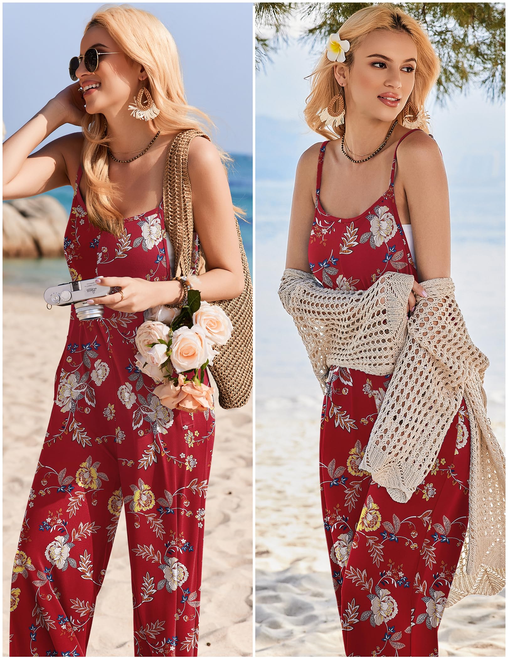 Foto 3 | Mono Ekouaer Para Mujer, Estilo Bohemio, Pierna Ancha, Estampado Floral, Talla S, Color Rojo - Venta Internacional.
