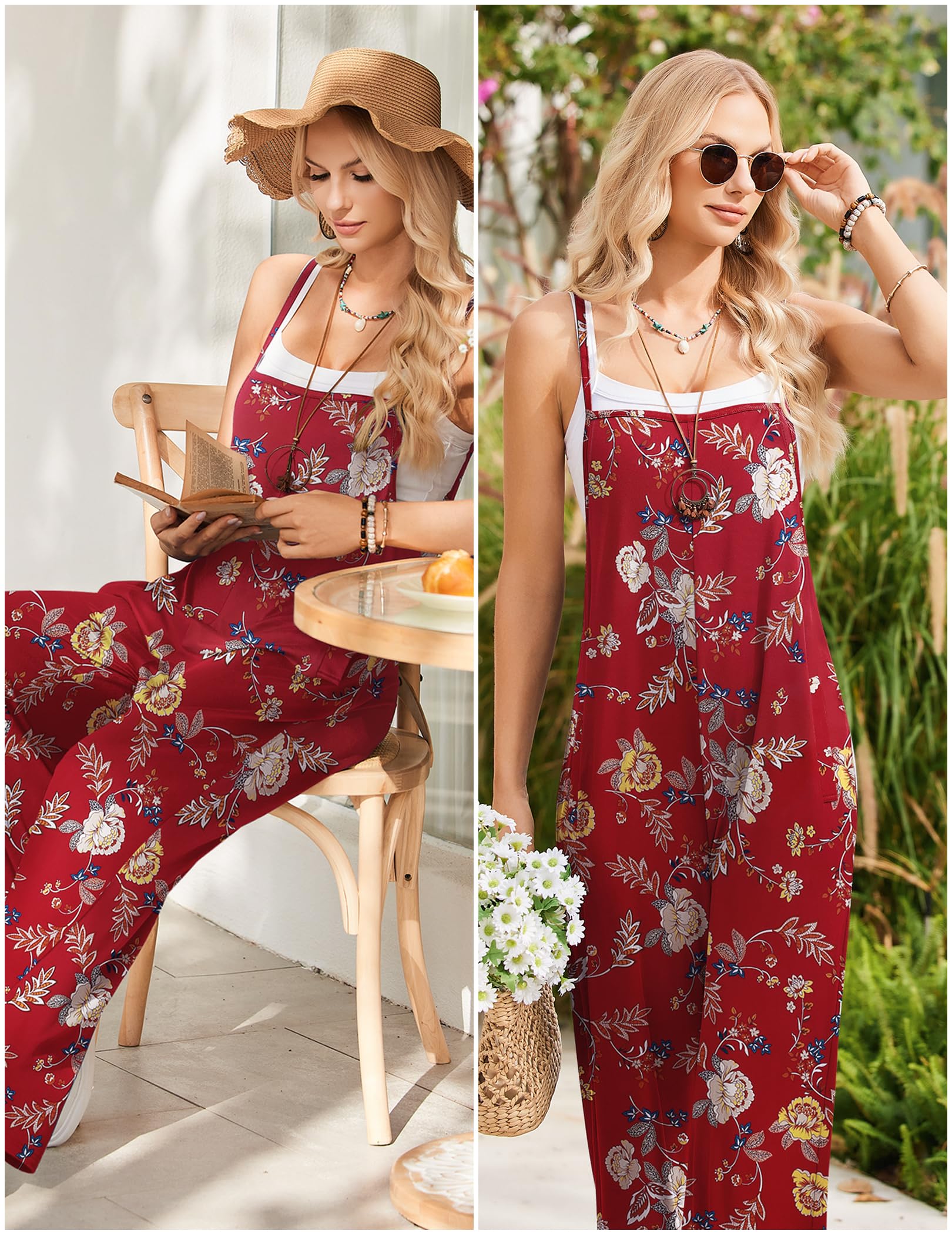 Foto 4 | Mono Ekouaer Para Mujer, Estilo Bohemio, Pierna Ancha, Estampado Floral, Talla S, Color Rojo - Venta Internacional.