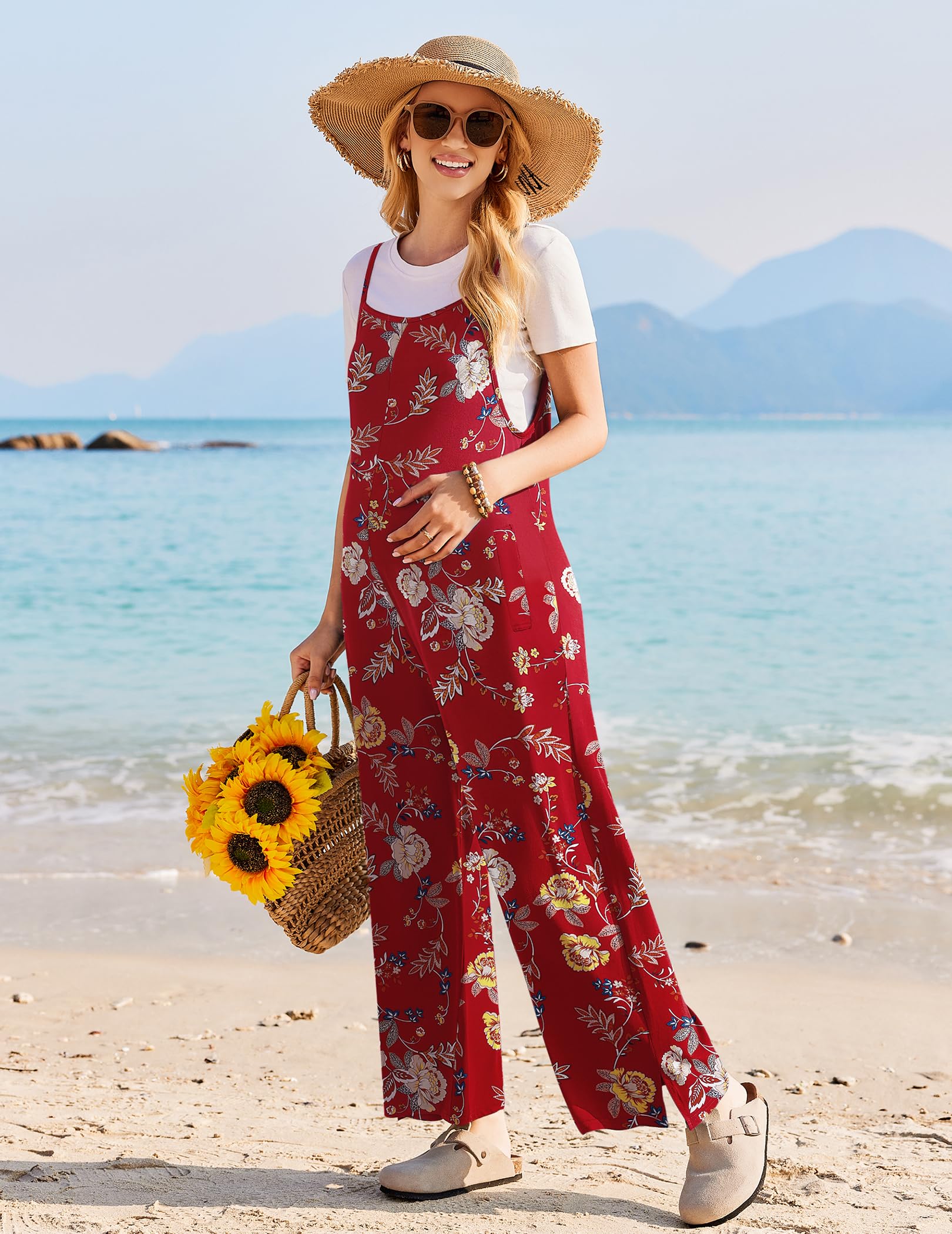 Foto 5 | Mono Ekouaer Para Mujer, Estilo Bohemio, Pierna Ancha, Estampado Floral, Talla S, Color Rojo - Venta Internacional.