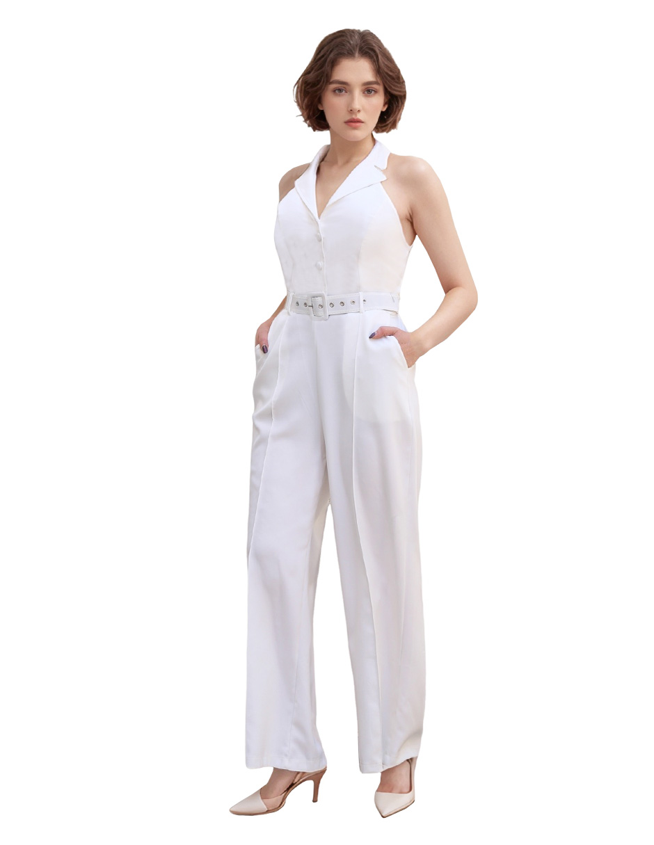 Foto 2 pulgar | Jumpsuit Palazzo Pantalón Recto Y Chaleco Halter Blanco