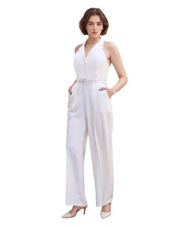 Foto 1 | Jumpsuit Palazzo Pantalón Recto Y Chaleco Halter Blanco