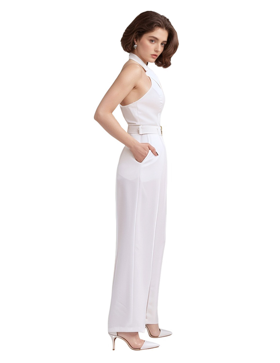 Foto 3 pulgar | Jumpsuit Palazzo Pantalón Recto Y Chaleco Halter Blanco