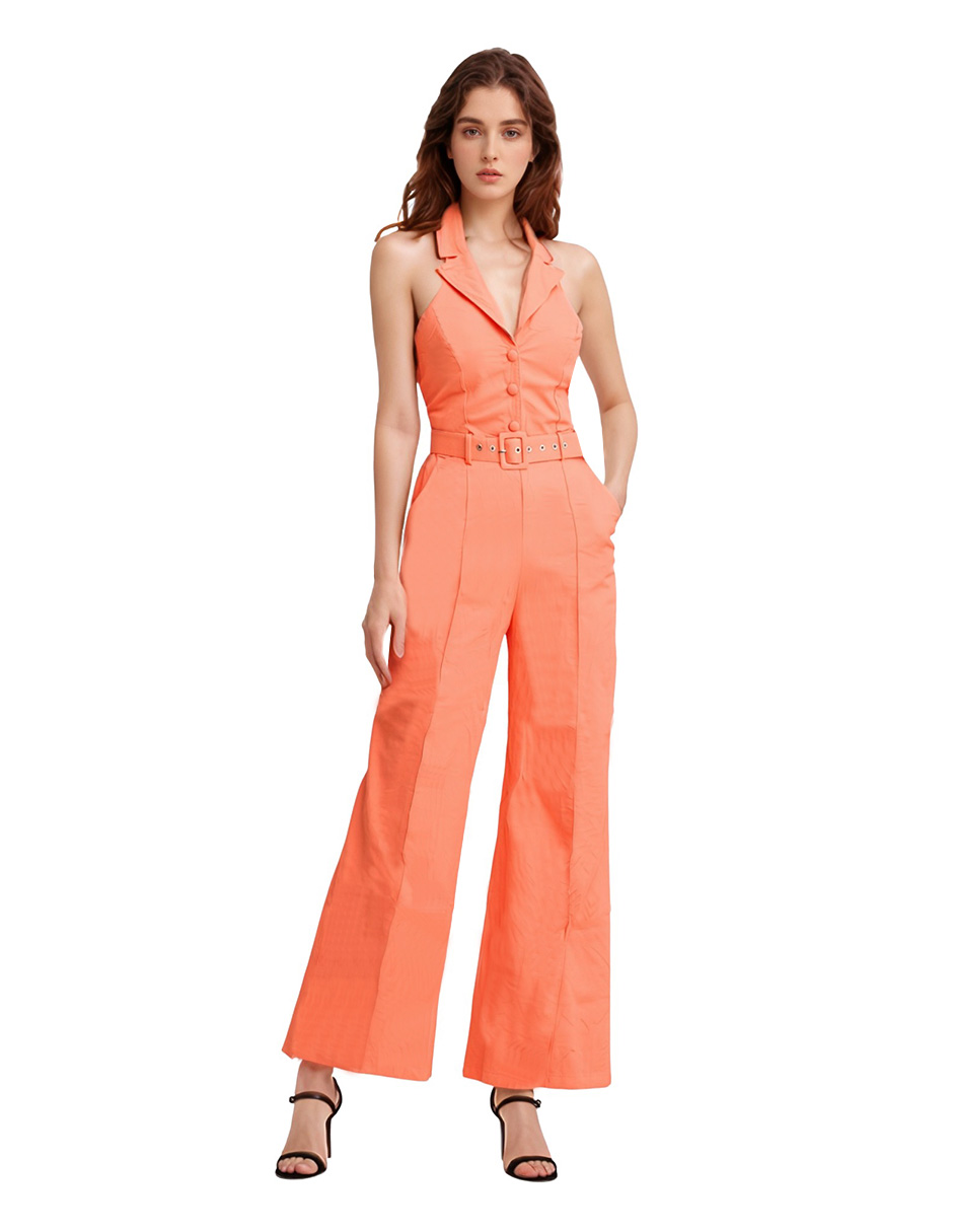 Foto 2 pulgar | Jumpsuit Palazzo Pantalón Recto Y Chaleco Halter Naranja