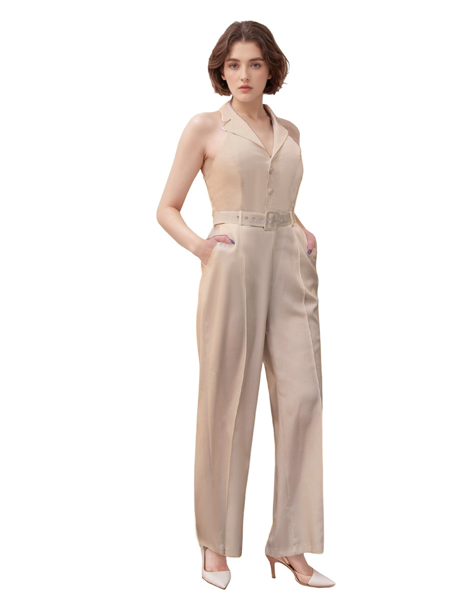 Foto 2 pulgar | Jumpsuit Palazzo Pantalón Recto Y Chaleco Halter Beige