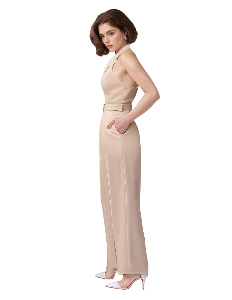 Foto 3 pulgar | Jumpsuit Palazzo Pantalón Recto Y Chaleco Halter Beige