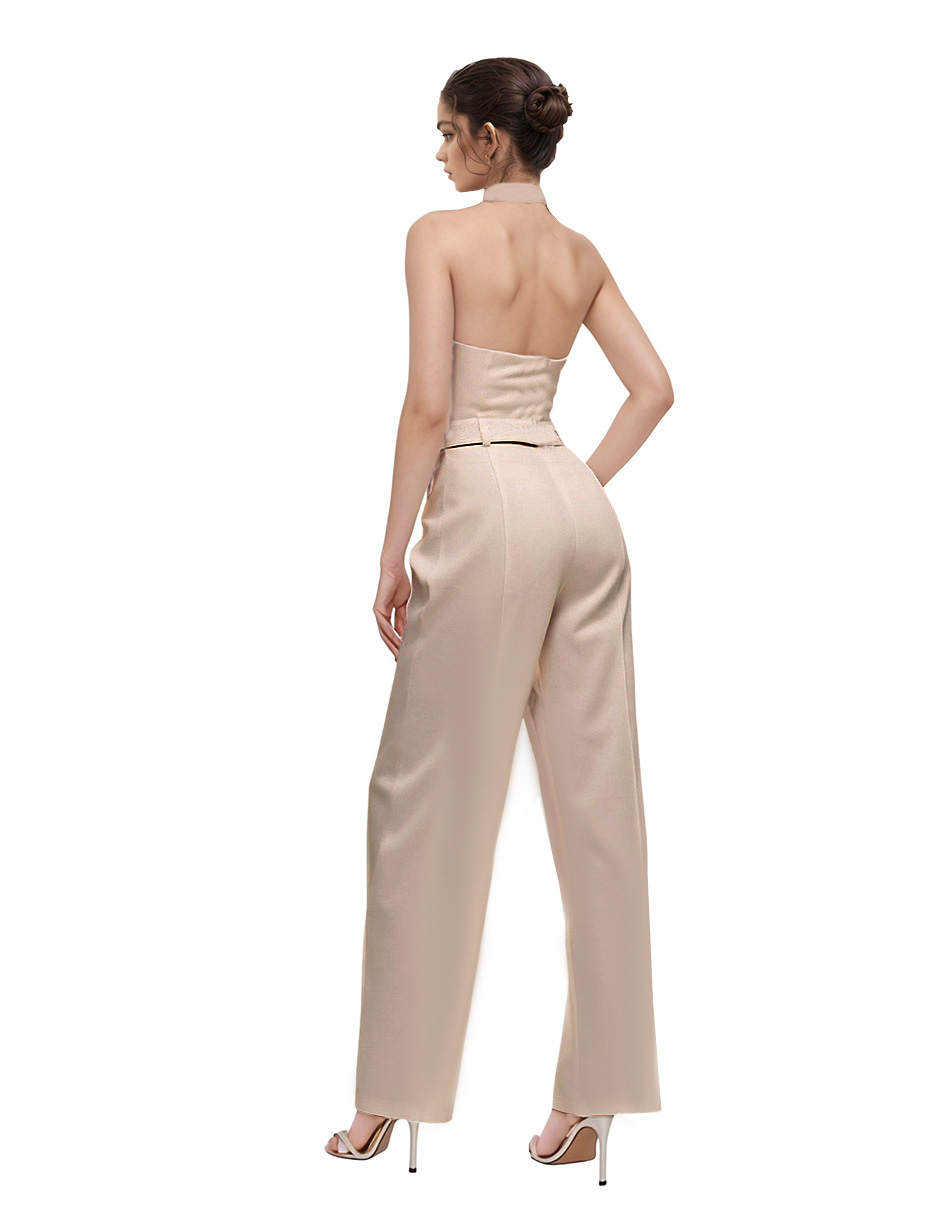 Foto 4 pulgar | Jumpsuit Palazzo Pantalón Recto Y Chaleco Halter Beige