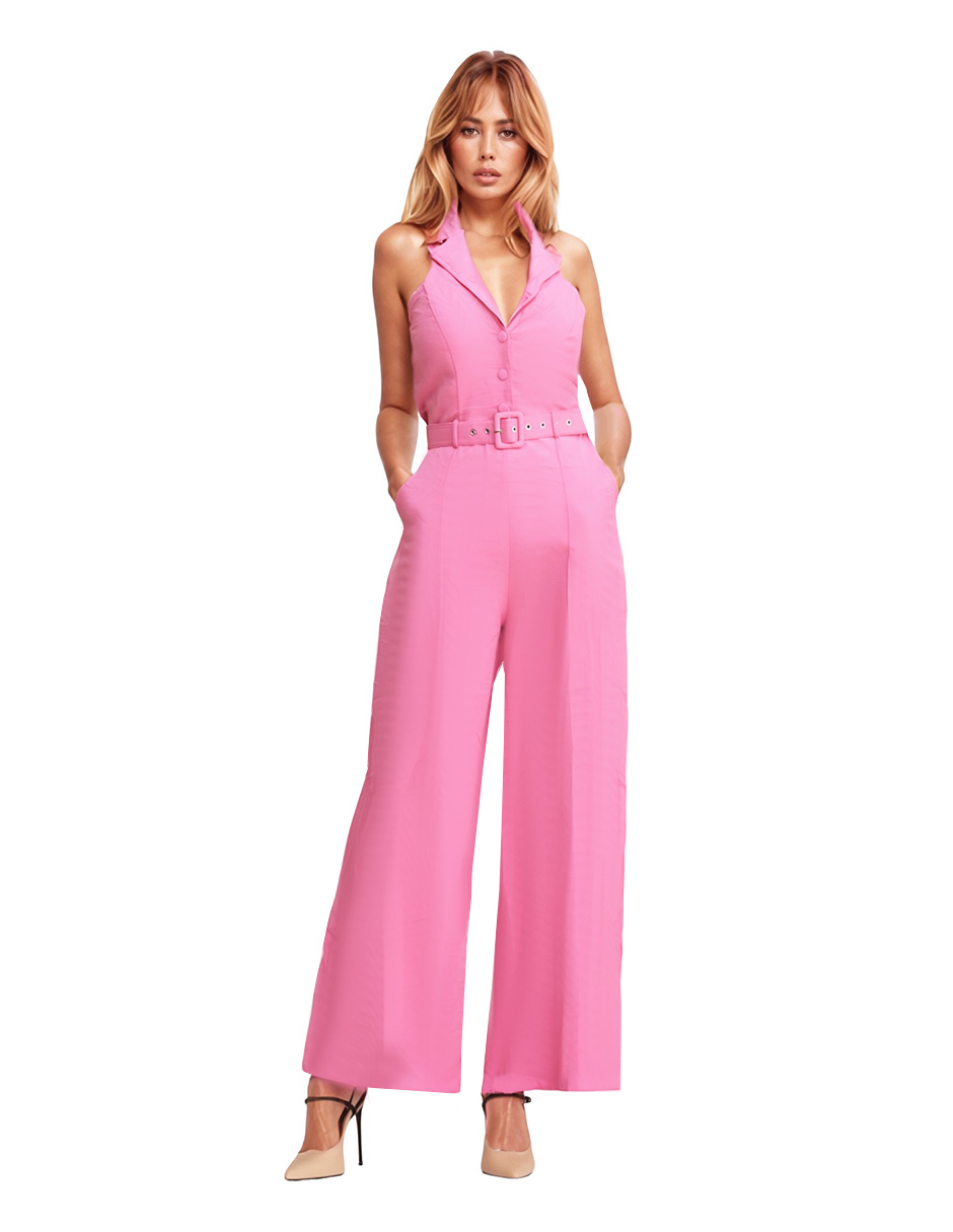Foto 2 pulgar | Jumpsuit Palazzo Pantalón Recto Y Chaleco Halter Rosa