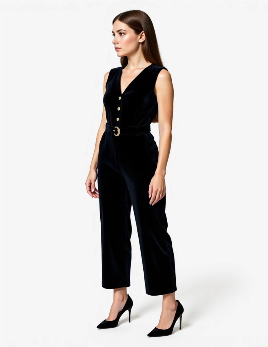 Foto 4 pulgar | Jumpsuit De Terciopelo Pantalón Recto Ji Rui