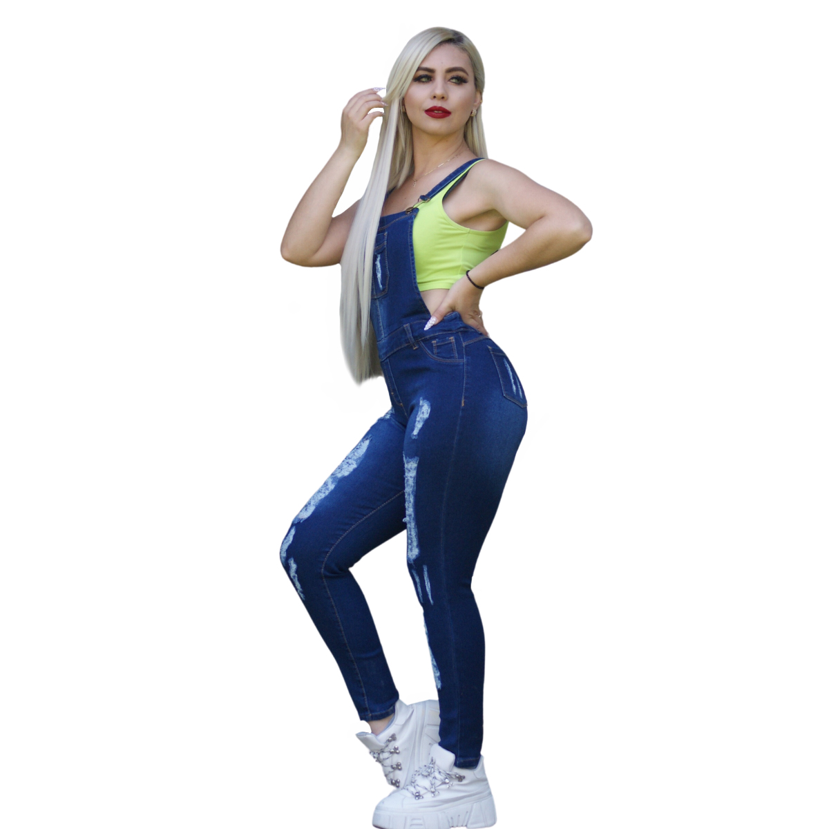Foto 2 | Jumper Overol Dama Pineda Jeans Stretch Color Azul Oscuro Rasgado