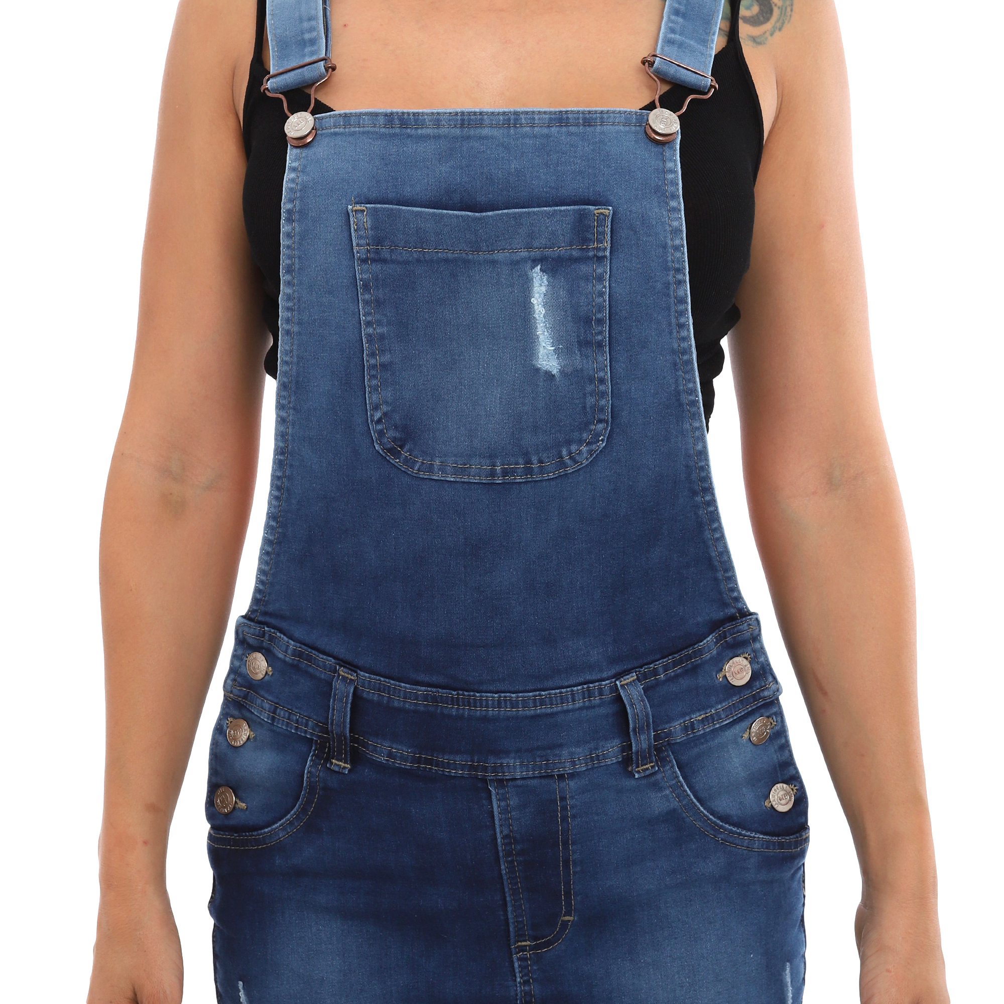 Foto 4 pulgar | Peto Overol Falda Corta De Mezclilla Stretch Para Mujer Diseño Rasgado Ajustado Con Tirantes Azul Marmol Pineda Jeans
