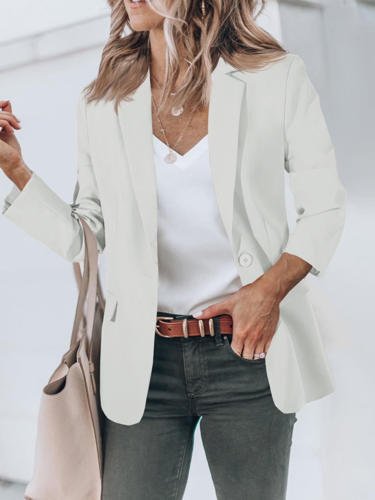 Foto 3 pulgar | Blazer Cicy Bell Para Mujer, Casual, Con Parte Delantera Abierta, Poliéster Blanco - Venta Internacional.