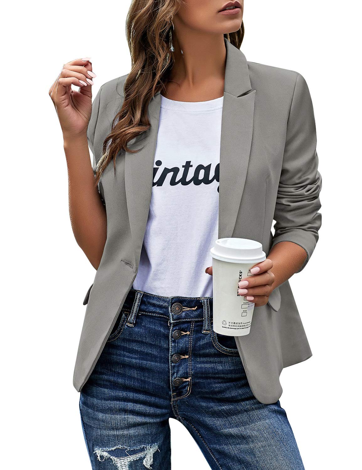 Foto 4 pulgar | Chaqueta Tipo Blazer Luvamia Para Mujer Con Solapa Con Muescas, Color Gris, Talla M - Venta Internacional.