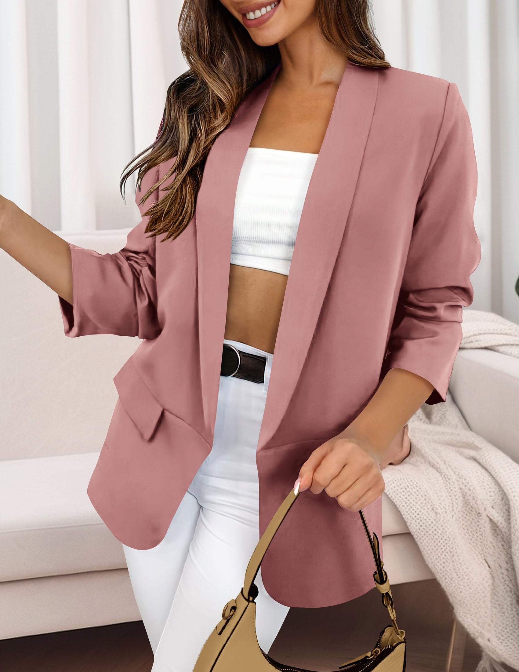 Foto 6 pulgar | Blazer Prettygarden Para Mujer, Manga Larga, Solapa Abierta En La Parte Delantera, Rosa - Venta Internacional.