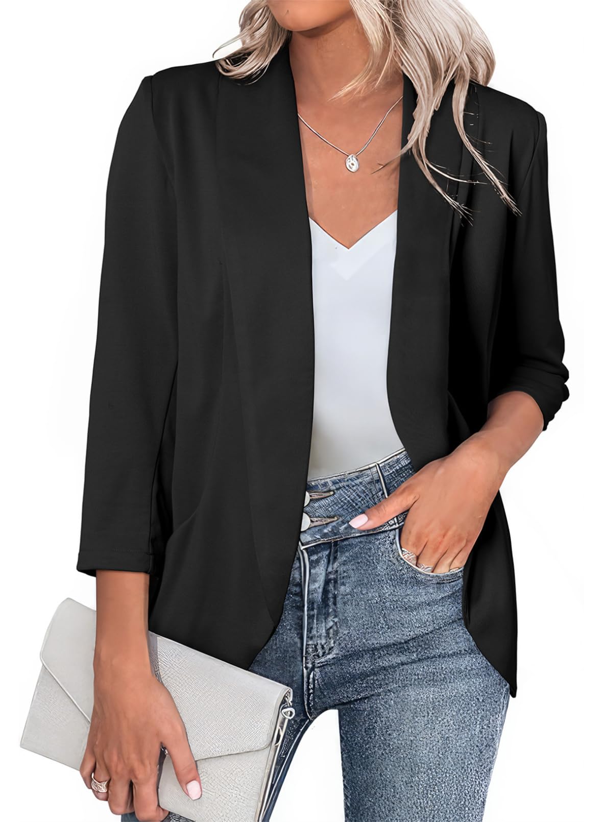 Foto 2 pulgar | Chaqueta Tipo Blazer Happy Sailed Con Parte Delantera Abierta Y Manga 3/4 Para Mujer - Venta Internacional.