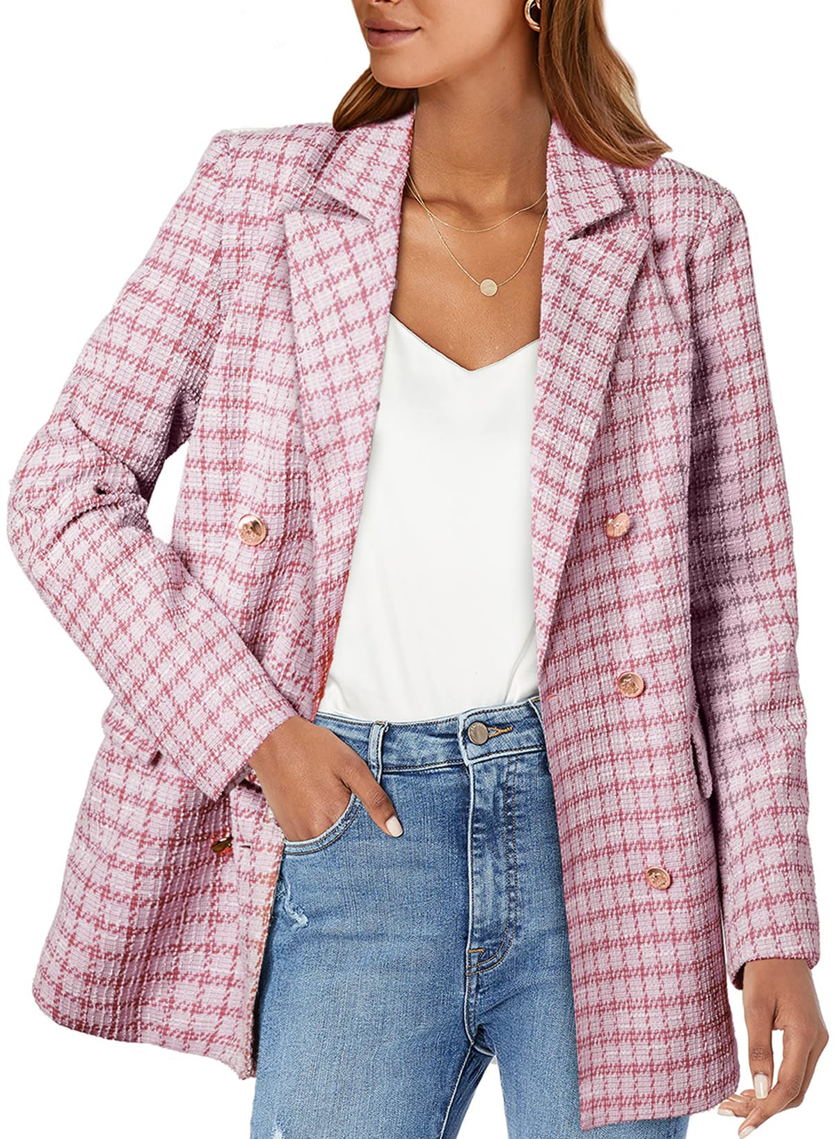 Foto 2 pulgar | Blazer Happy Sailed Para Mujer, De Tweed A Cuadros, A La Moda Otoñal, Color Rosa L - Venta Internacional.