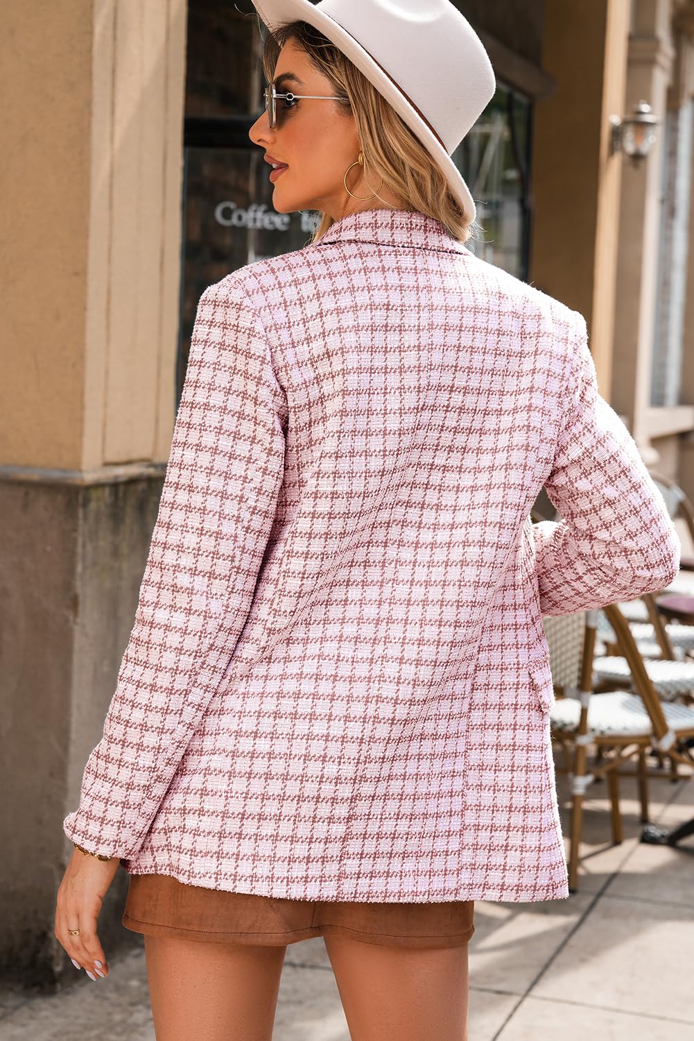 Foto 3 pulgar | Blazer Happy Sailed Para Mujer, De Tweed A Cuadros, A La Moda Otoñal, Color Rosa L - Venta Internacional.