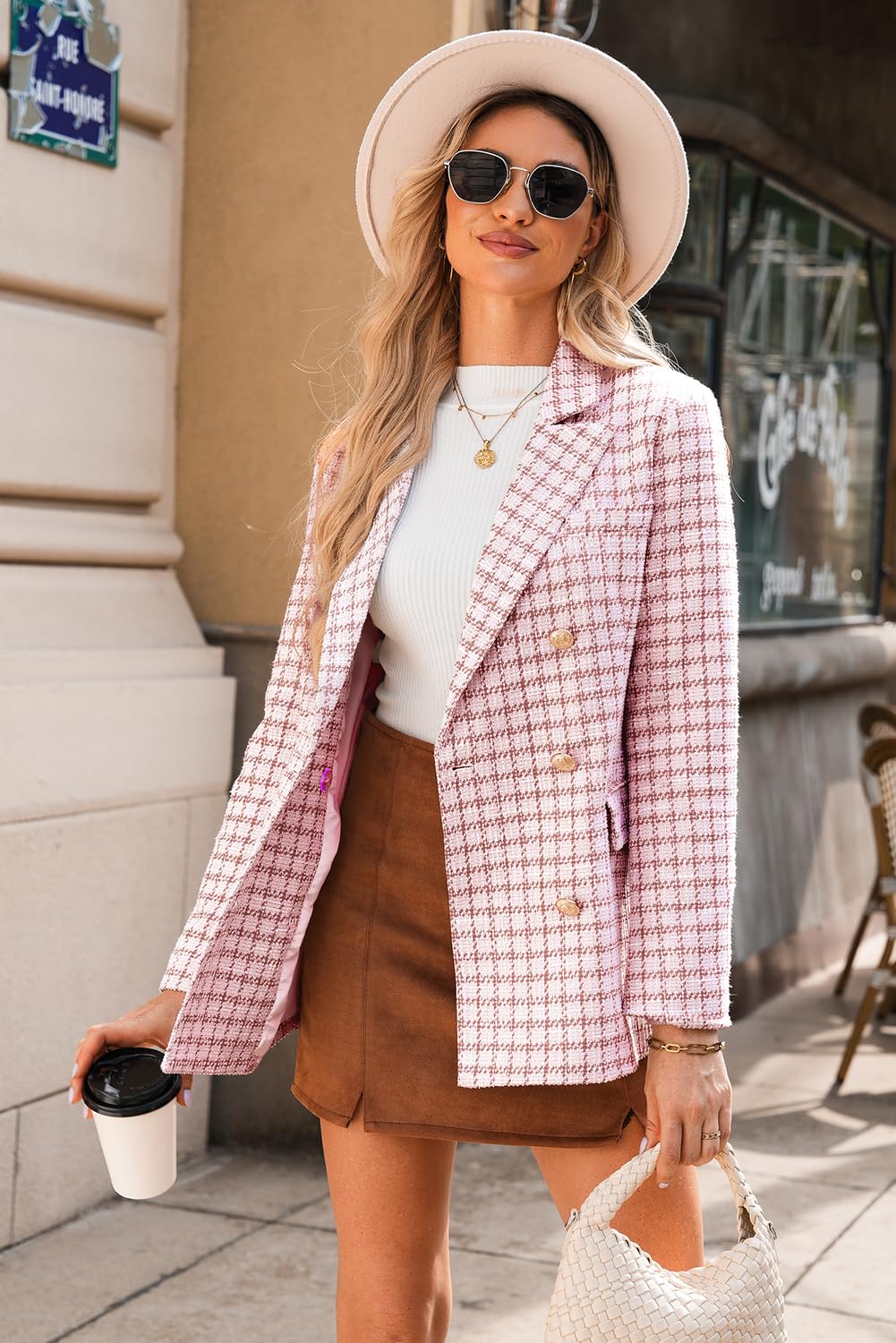 Foto 5 pulgar | Blazer Happy Sailed Para Mujer, De Tweed A Cuadros, A La Moda Otoñal, Color Rosa L - Venta Internacional.