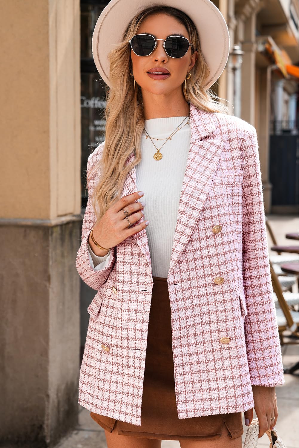 Foto 6 pulgar | Blazer Happy Sailed Para Mujer, De Tweed A Cuadros, A La Moda Otoñal, Color Rosa L - Venta Internacional.
