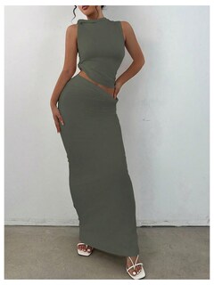 Foto 3 | Conjunto de Falda y Blusa Sin Mangas Verde para Mujer - Venta Internacional