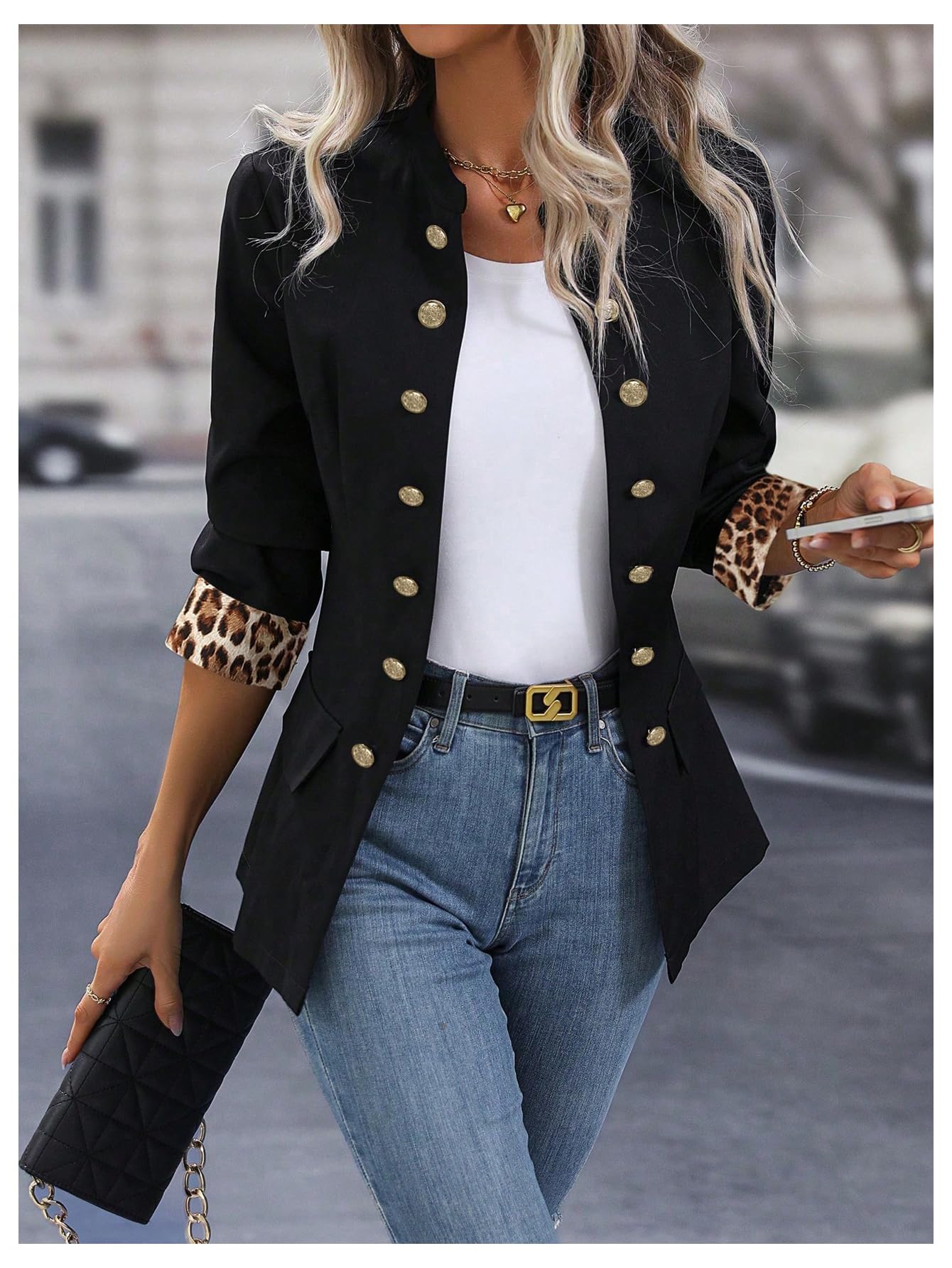 Foto 4 pulgar | Blazer Sweatyrocks Para Mujer, Diseño De Leopardo, Con Botones Abiertos En La Parte Delantera - Venta Internacional.