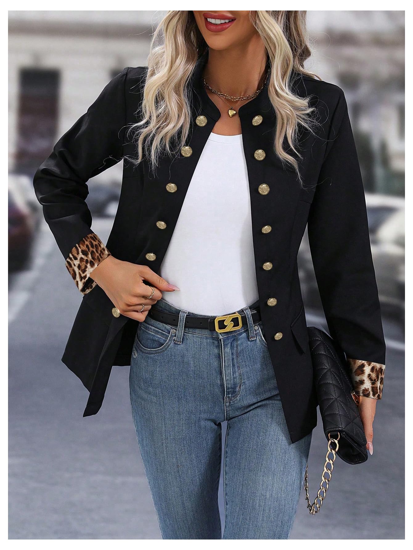Foto 5 | Blazer Sweatyrocks Para Mujer, Diseño De Leopardo, Con Botones Abiertos En La Parte Delantera - Venta Internacional.