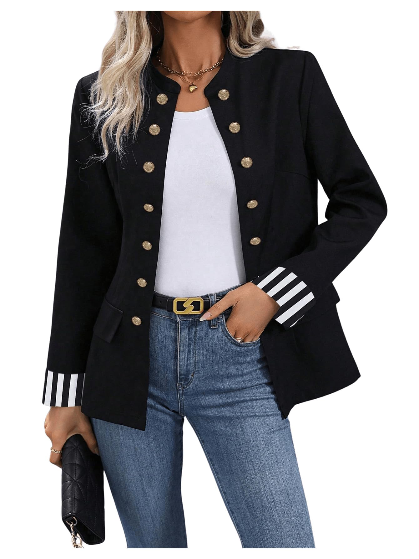 Blazer Sweatyrocks De Poliéster Negro Con Botones Abiertos En La Parte Delantera Para Mujer - Venta Internacional.